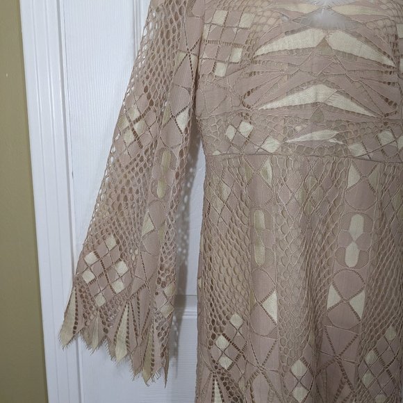 Free People Ivory Beige Deco Lace Cutout Eyelash Hem Bell Sleeve Mini Dress - 8* - Picture 5 of 15